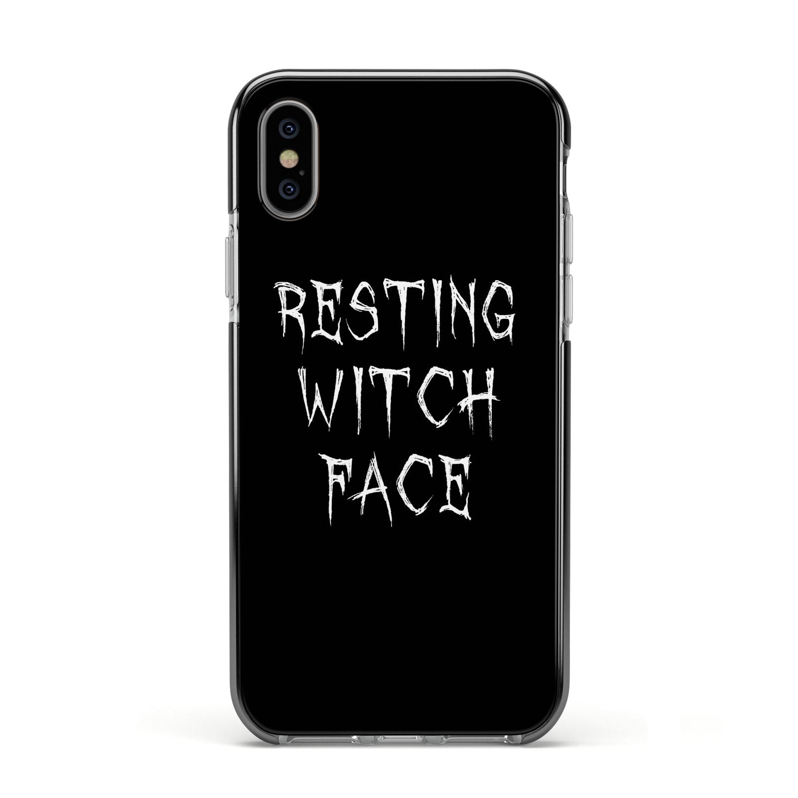 Resting Witch Face Apple iPhone Xs Impact Case Black Edge on Silver Phone