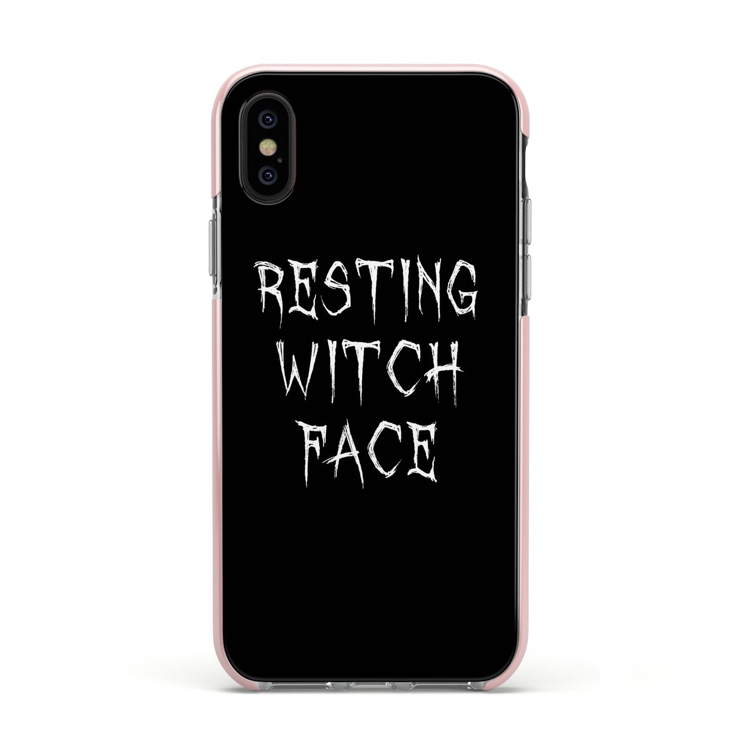 Resting Witch Face Apple iPhone Xs Impact Case Pink Edge on Black Phone