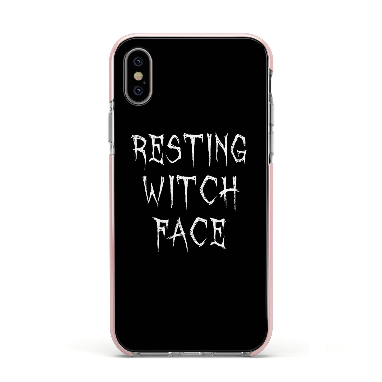 Resting Witch Face Apple iPhone Xs Impact Case Pink Edge on Silver Phone