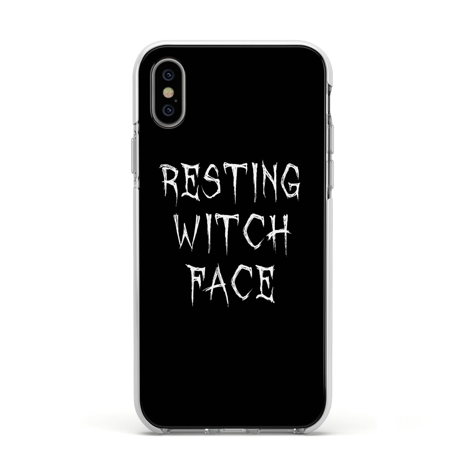 Resting Witch Face Apple iPhone Xs Impact Case White Edge on Silver Phone