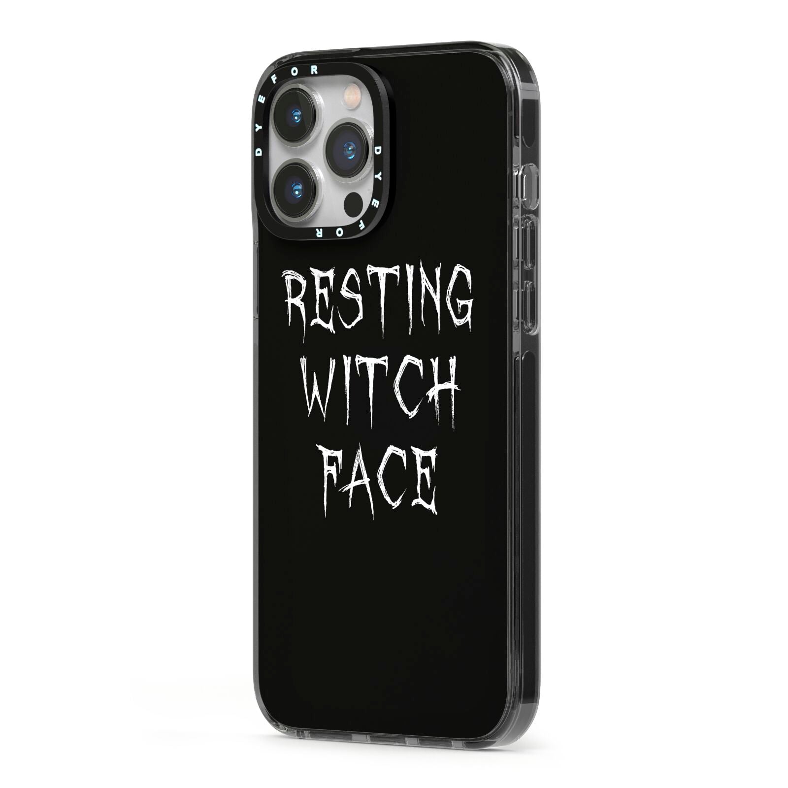Resting Witch Face iPhone 13 Pro Max Black Impact Case Side Angle on Silver phone