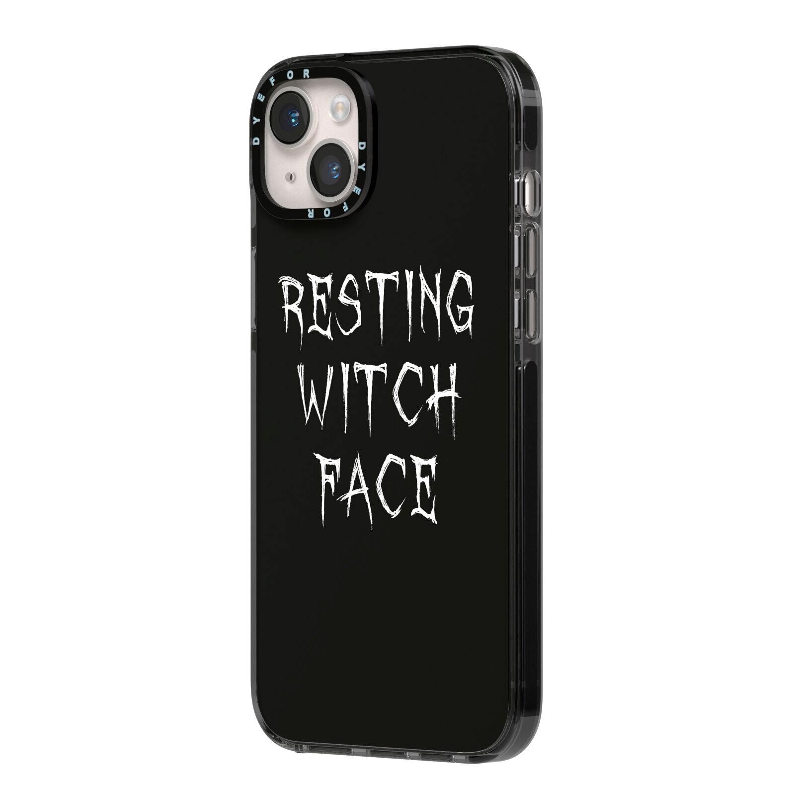 Resting Witch Face iPhone 14 Plus Black Impact Case Side Angle on Silver phone