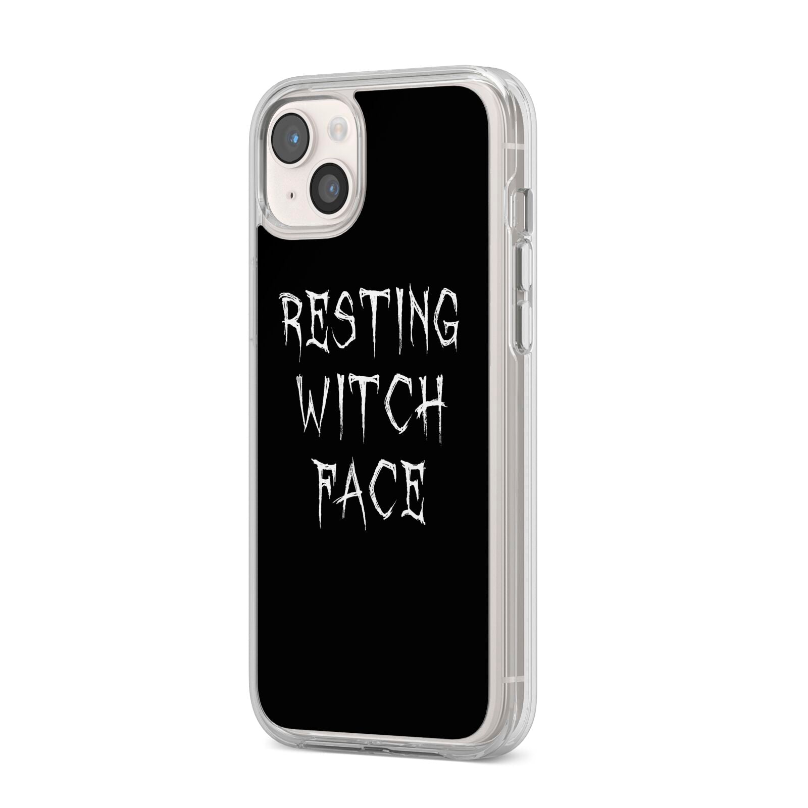 Resting Witch Face iPhone 14 Plus Clear Tough Case Starlight Angled Image