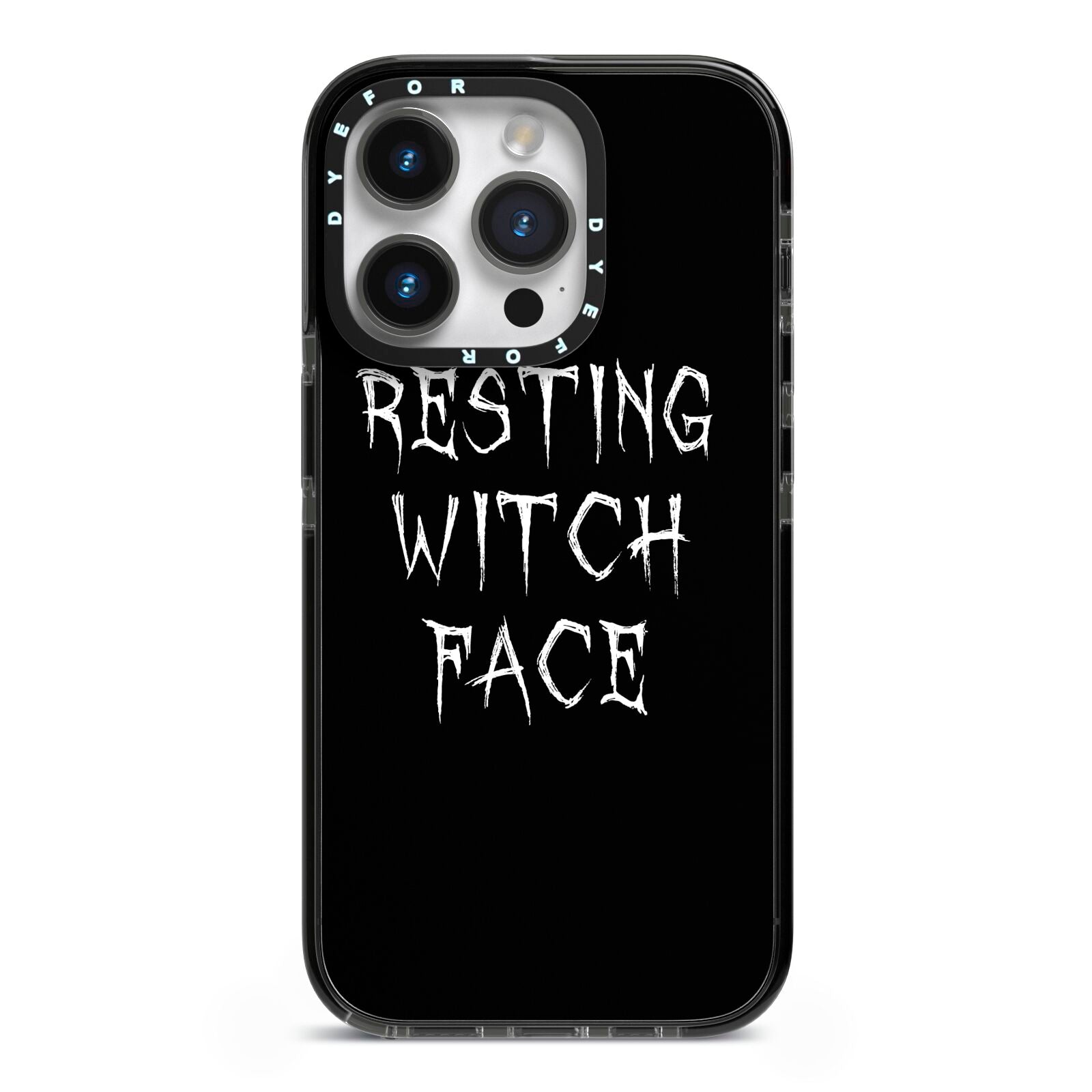 Resting Witch Face iPhone 14 Pro Black Impact Case on Silver phone