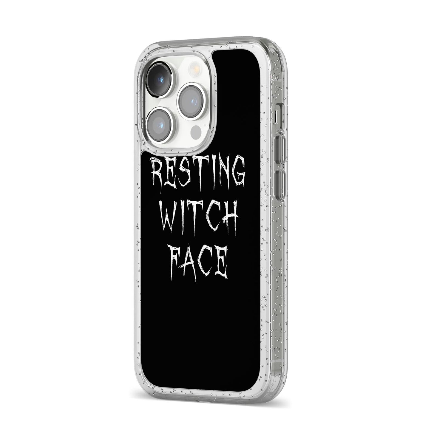 Resting Witch Face iPhone 14 Pro Glitter Tough Case Silver Angled Image