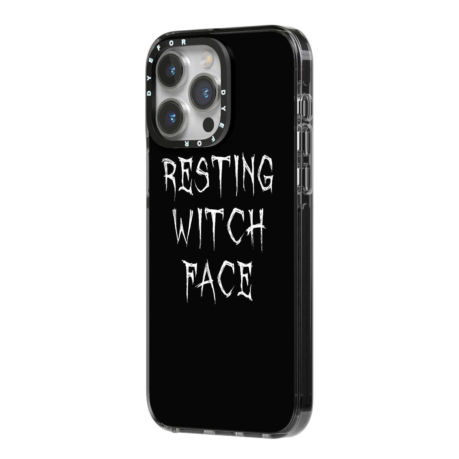Resting Witch Face iPhone 14 Pro Max Black Impact Case Side Angle on Silver phone