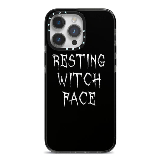 Resting Witch Face iPhone 14 Pro Max Black Impact Case on Silver phone