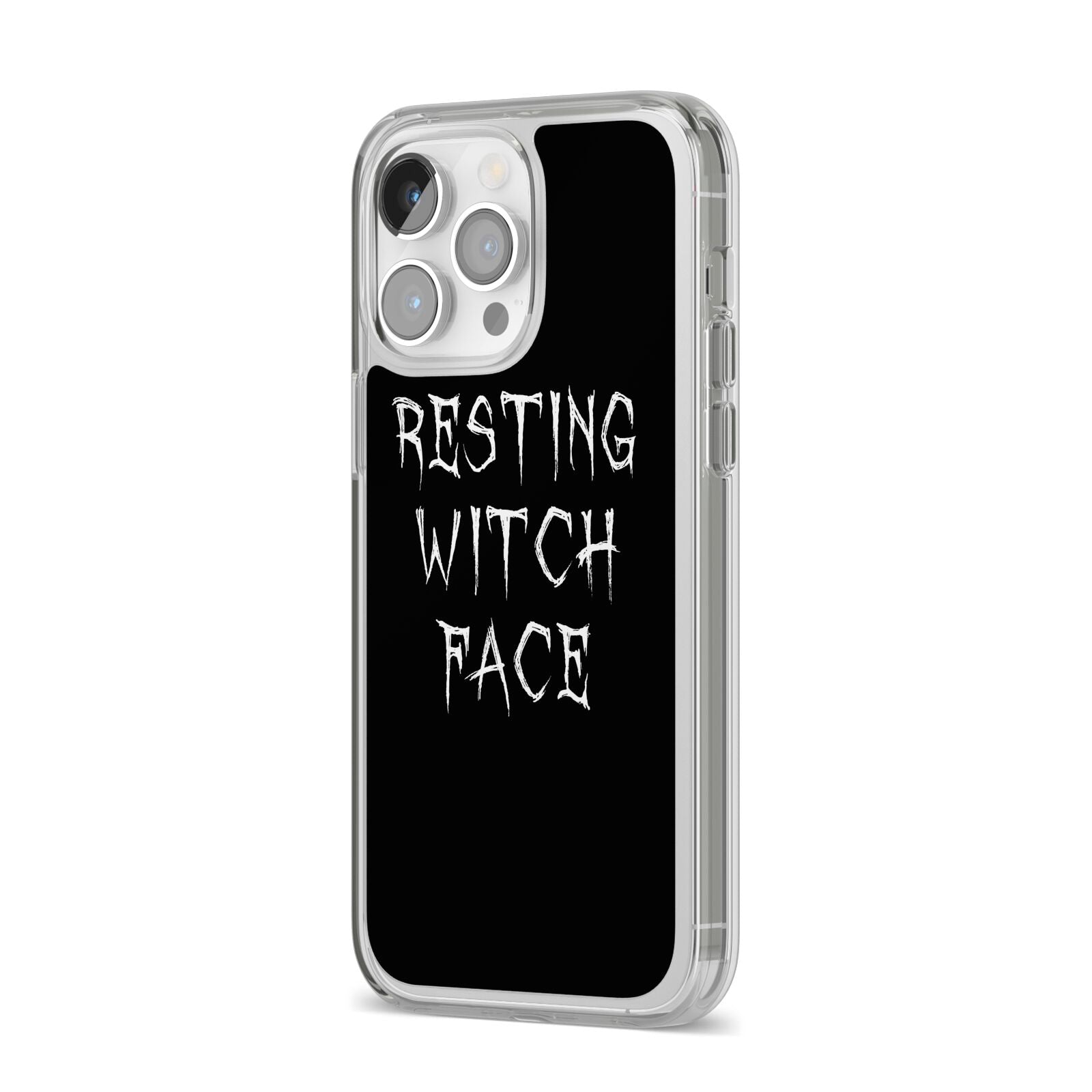 Resting Witch Face iPhone 14 Pro Max Clear Tough Case Silver Angled Image