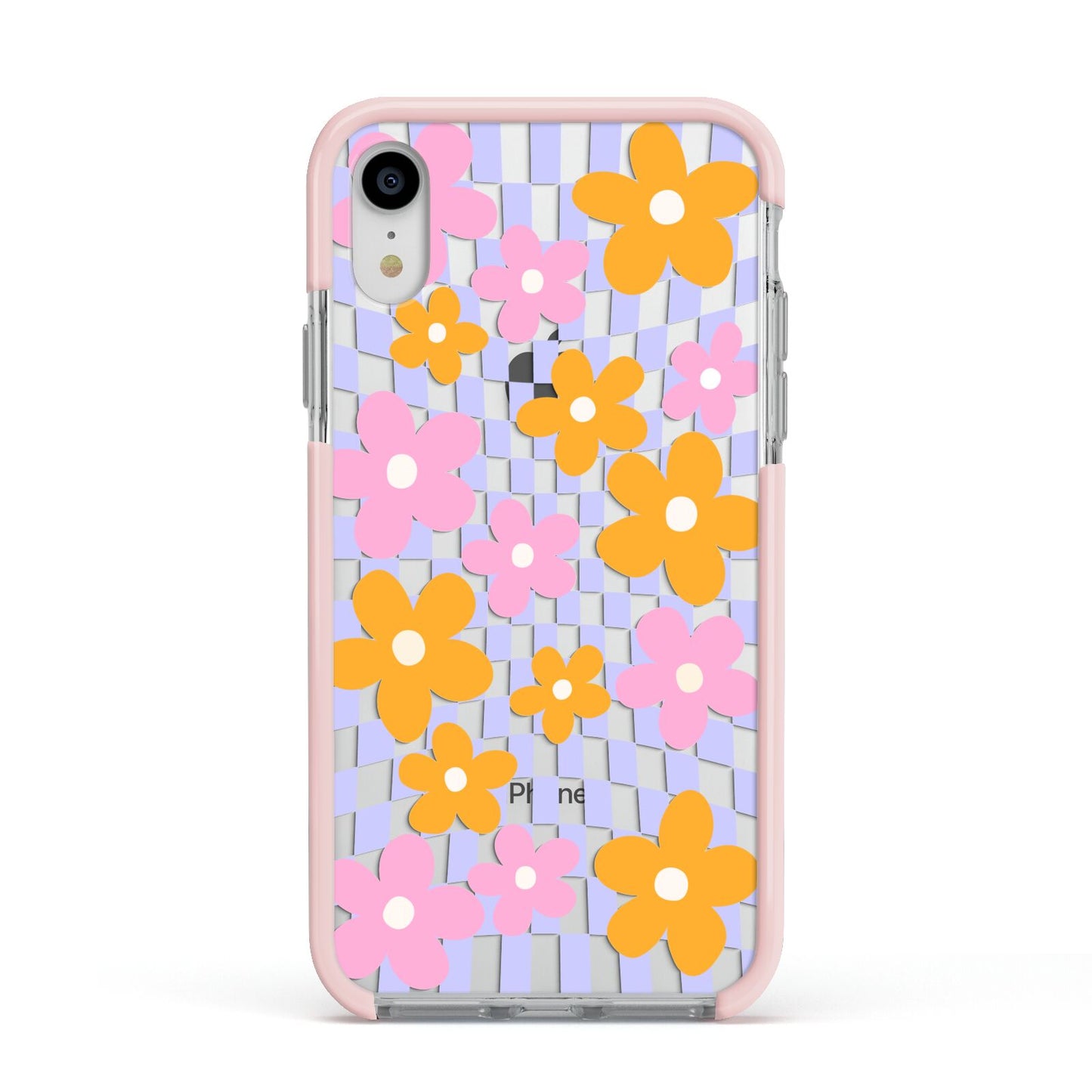 Retro Check Floral Apple iPhone XR Impact Case Pink Edge on Silver Phone
