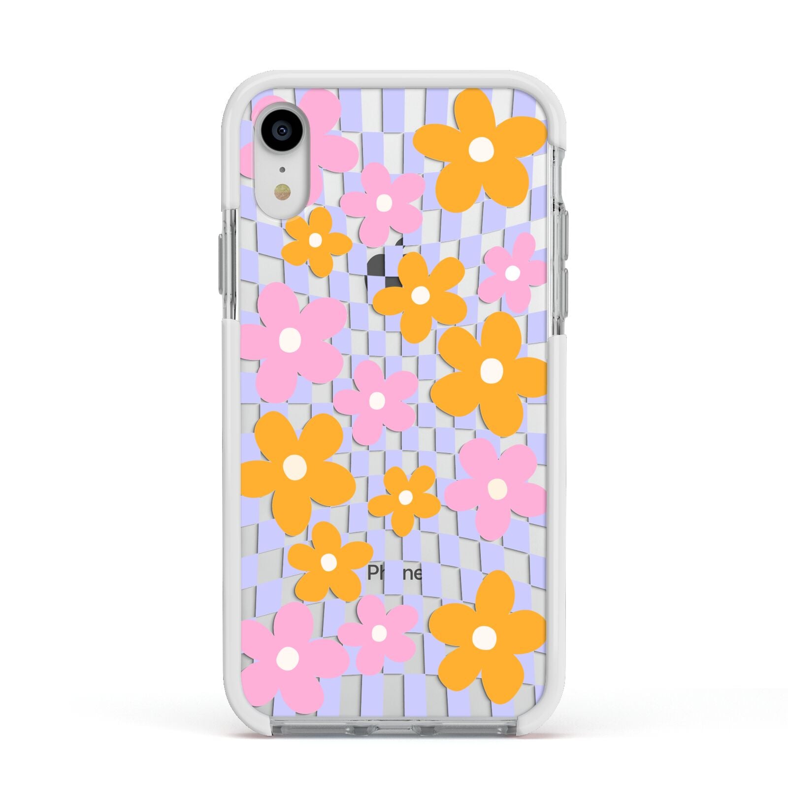 Retro Check Floral Apple iPhone XR Impact Case White Edge on Silver Phone