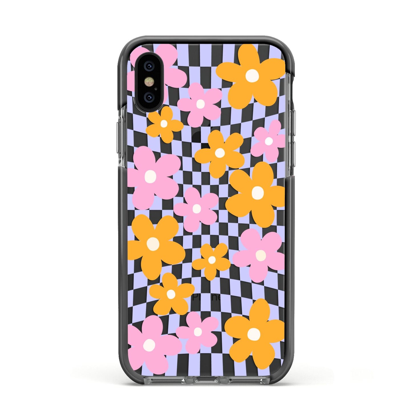 Retro Check Floral Apple iPhone Xs Impact Case Black Edge on Black Phone