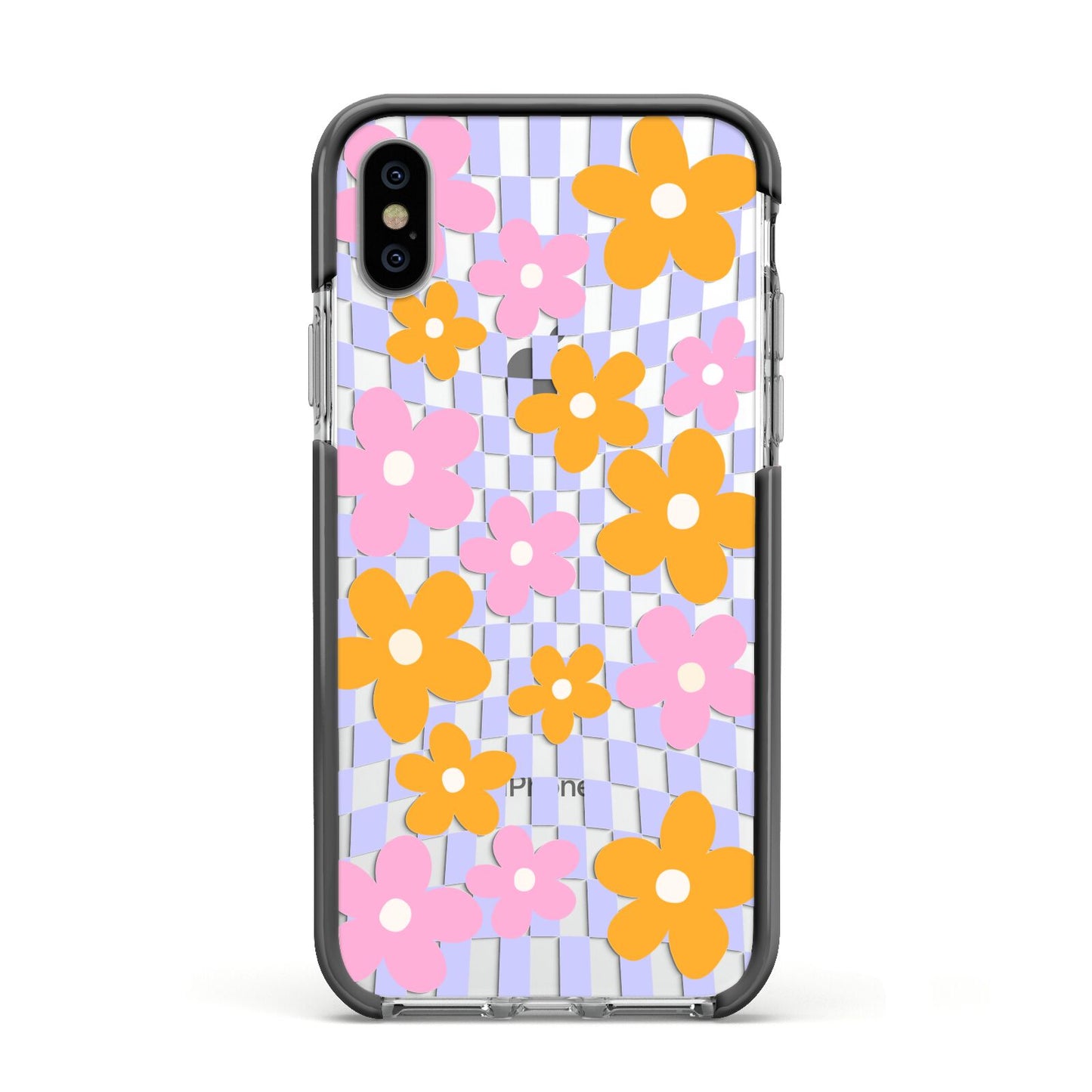 Retro Check Floral Apple iPhone Xs Impact Case Black Edge on Silver Phone