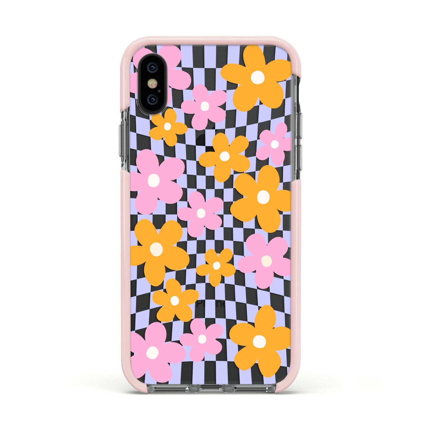 Retro Check Floral Apple iPhone Xs Impact Case Pink Edge on Black Phone