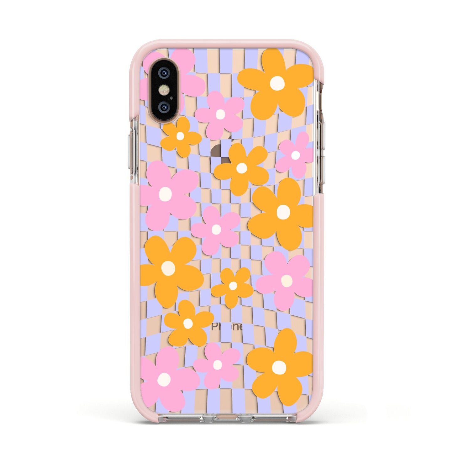 Retro Check Floral Apple iPhone Xs Impact Case Pink Edge on Gold Phone