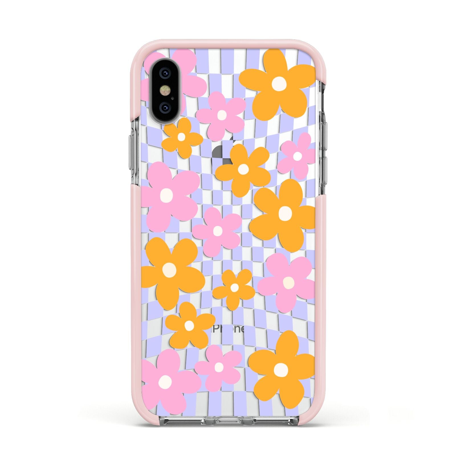 Retro Check Floral Apple iPhone Xs Impact Case Pink Edge on Silver Phone