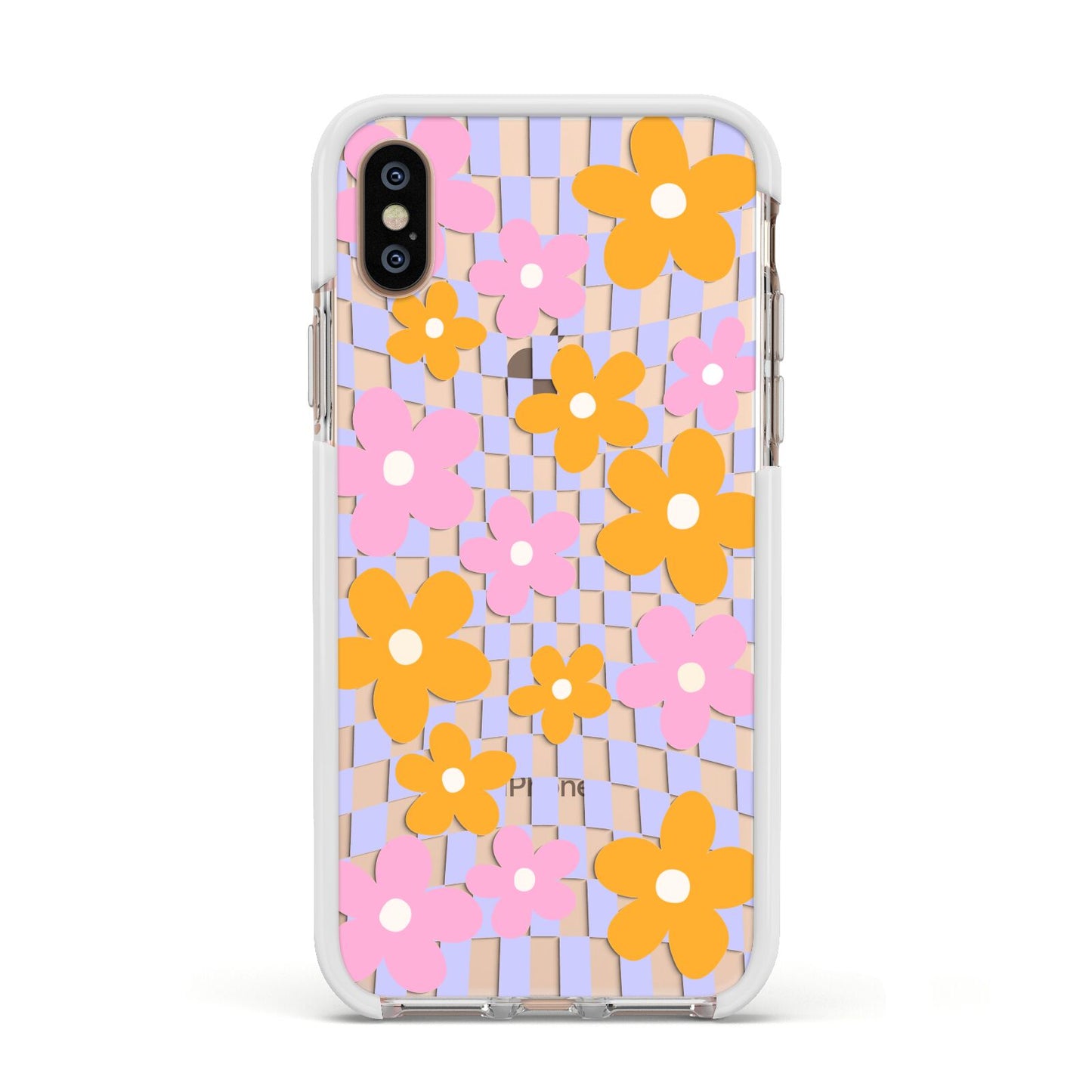 Retro Check Floral Apple iPhone Xs Impact Case White Edge on Gold Phone