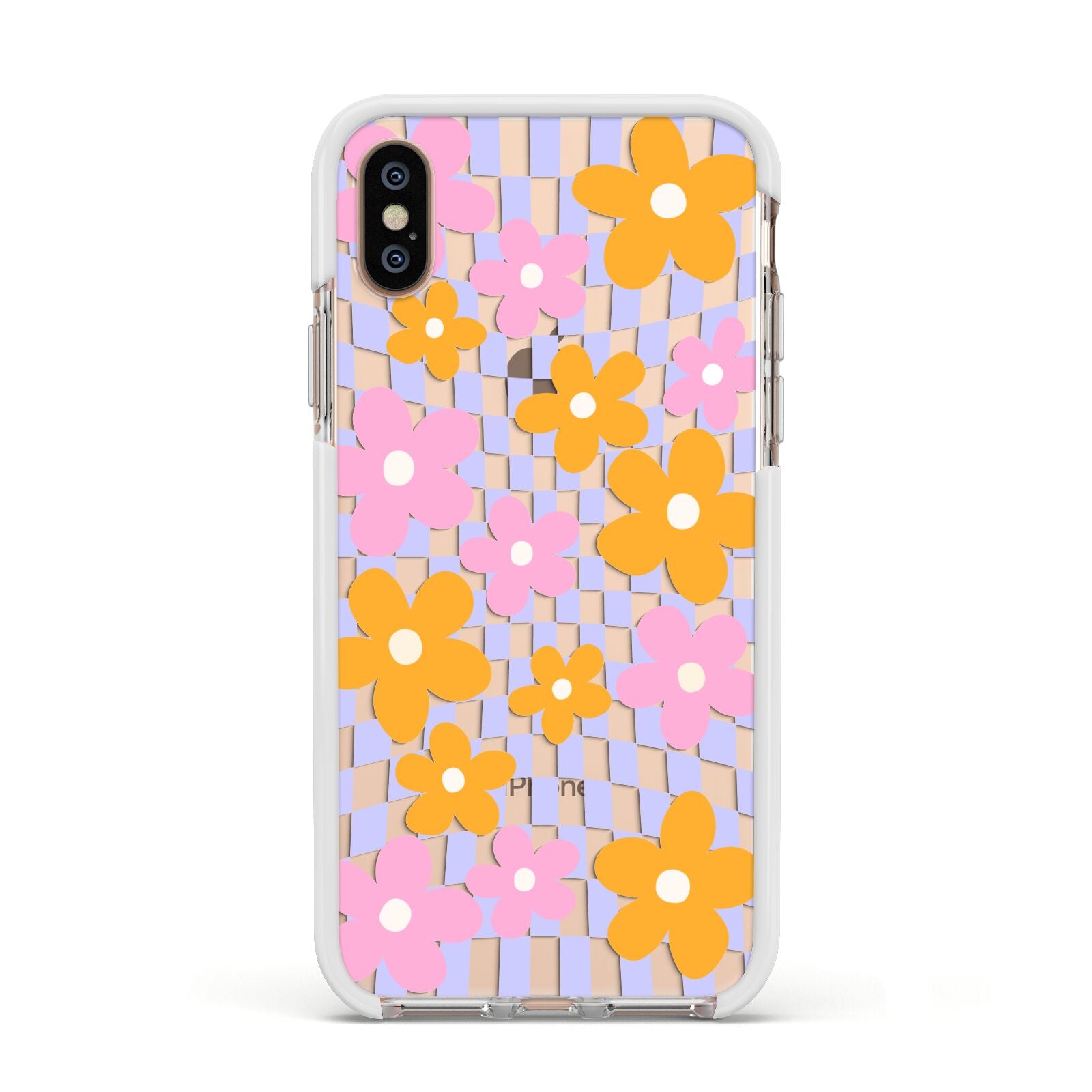 Retro Check Floral Apple iPhone Xs Impact Case White Edge on Gold Phone