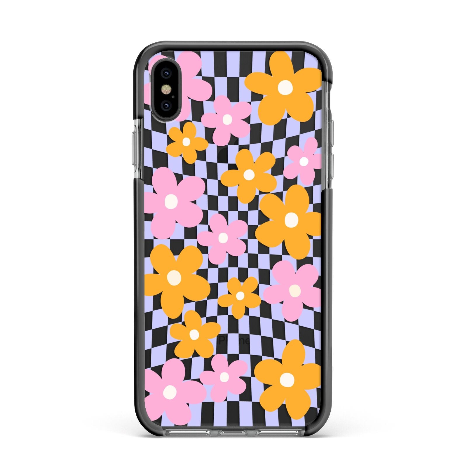 Retro Check Floral Apple iPhone Xs Max Impact Case Black Edge on Black Phone