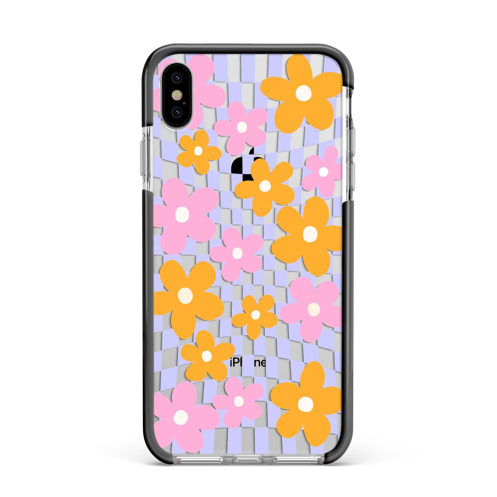 Retro Check Floral Apple iPhone Xs Max Impact Case Black Edge on Silver Phone