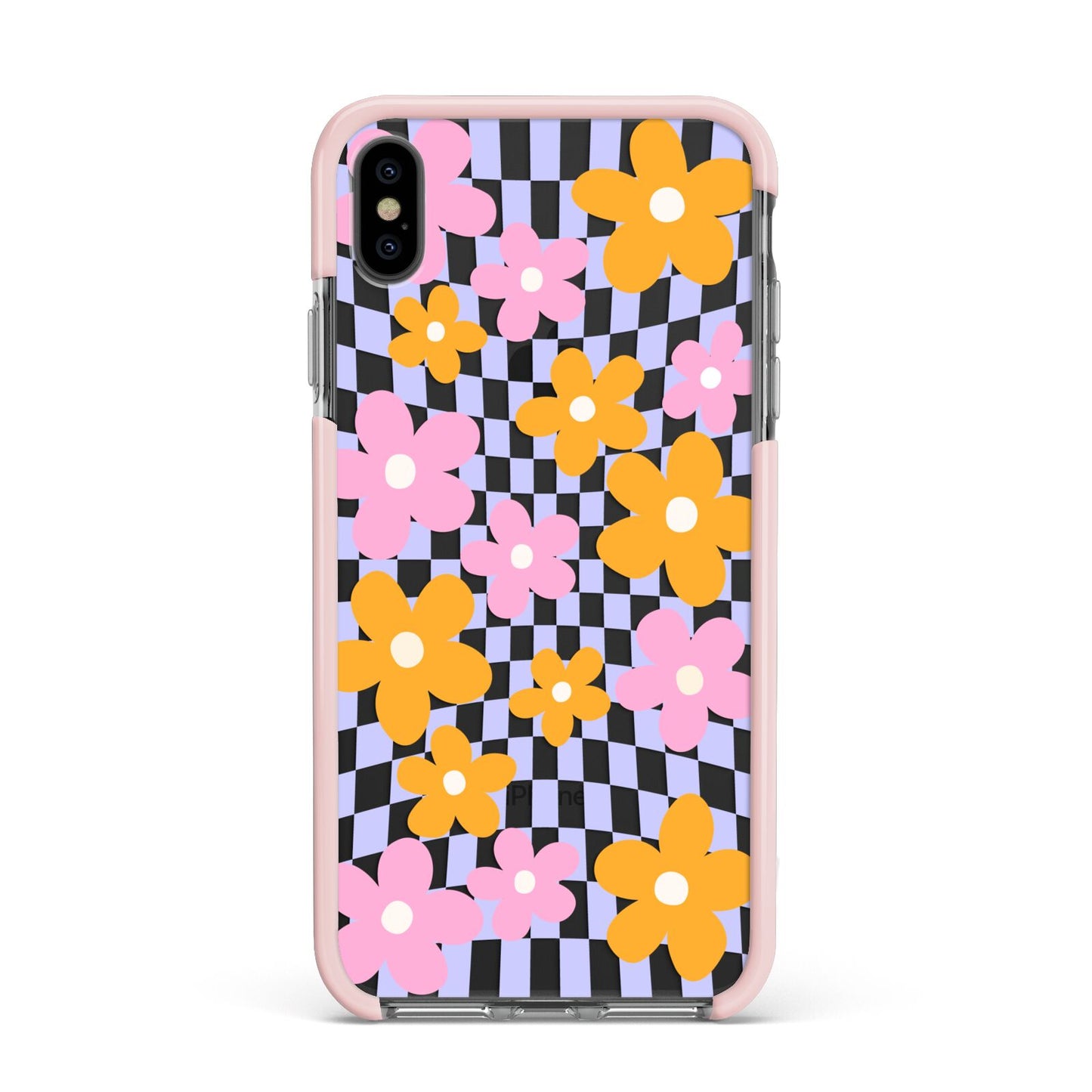 Retro Check Floral Apple iPhone Xs Max Impact Case Pink Edge on Black Phone