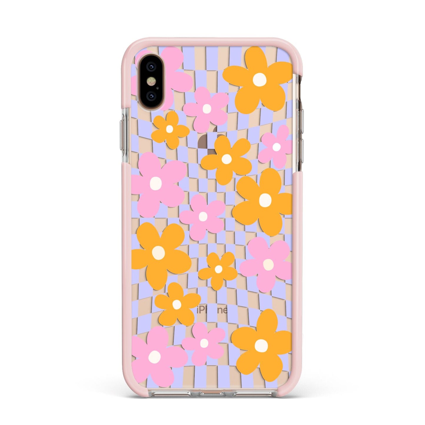 Retro Check Floral Apple iPhone Xs Max Impact Case Pink Edge on Gold Phone