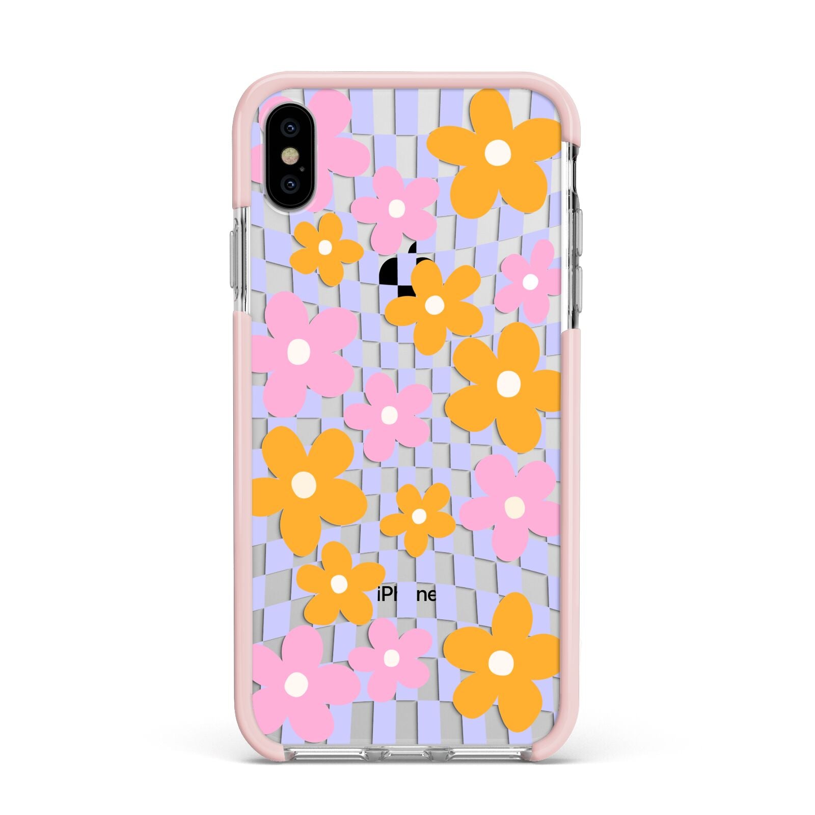 Retro Check Floral Apple iPhone Xs Max Impact Case Pink Edge on Silver Phone