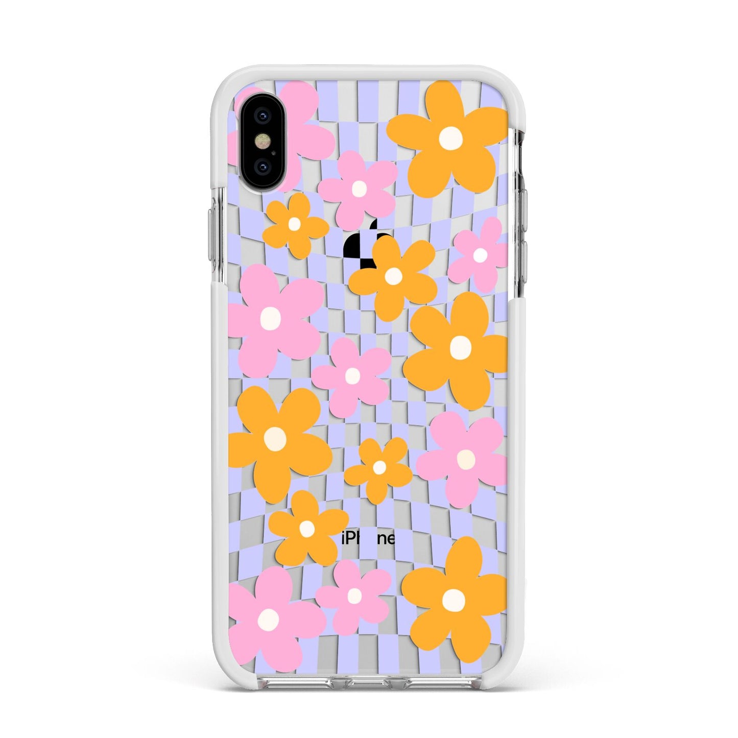 Retro Check Floral Apple iPhone Xs Max Impact Case White Edge on Silver Phone