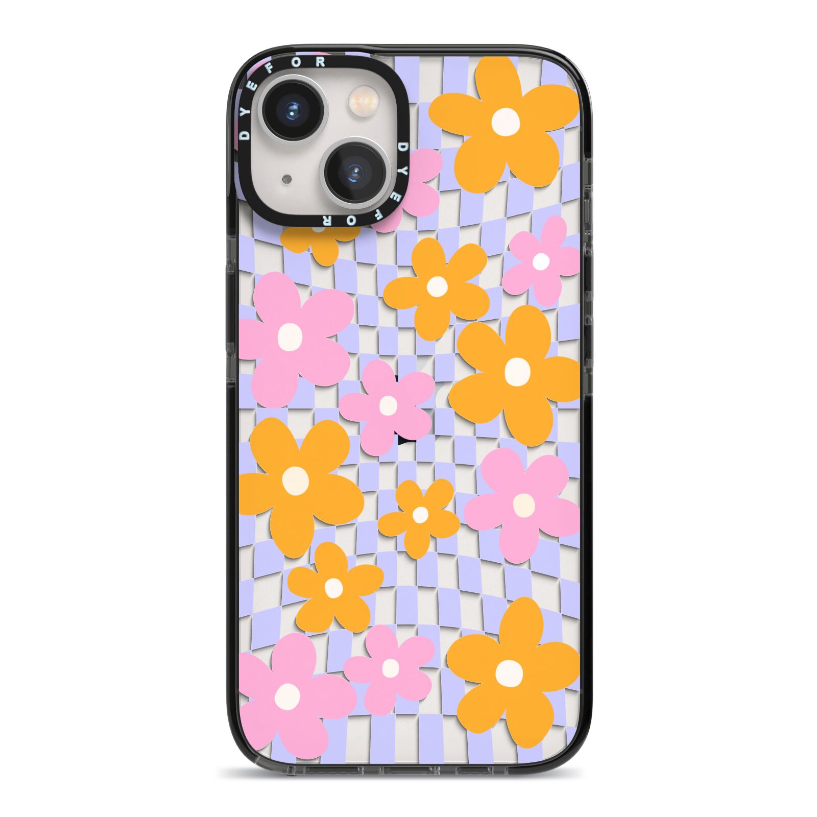 Retro Check Floral iPhone 13 Black Impact Case on Silver phone