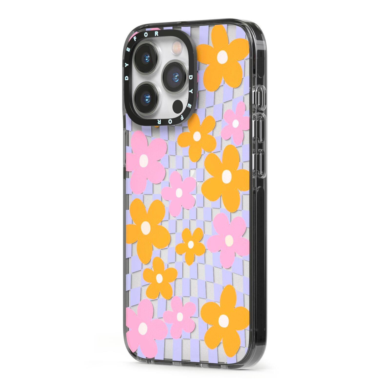 Retro Check Floral iPhone 13 Pro Black Impact Case Side Angle on Silver phone