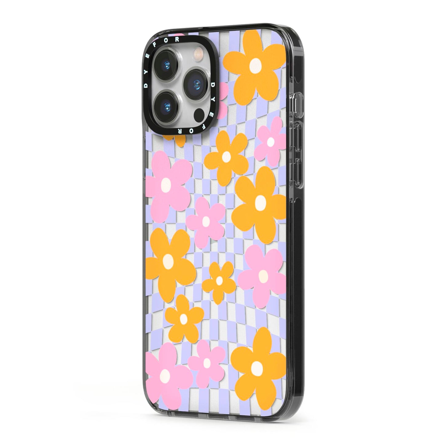 Retro Check Floral iPhone 13 Pro Max Black Impact Case Side Angle on Silver phone
