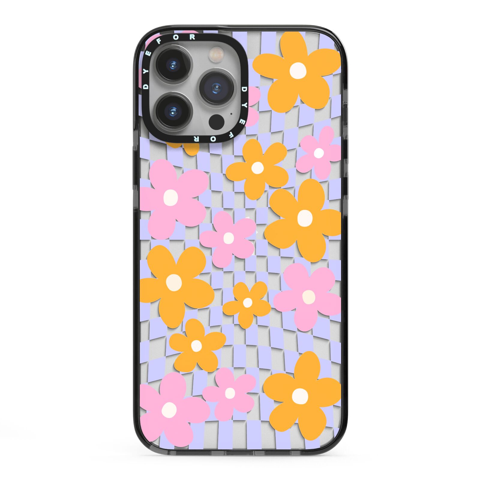 Retro Check Floral iPhone 13 Pro Max Black Impact Case on Silver phone