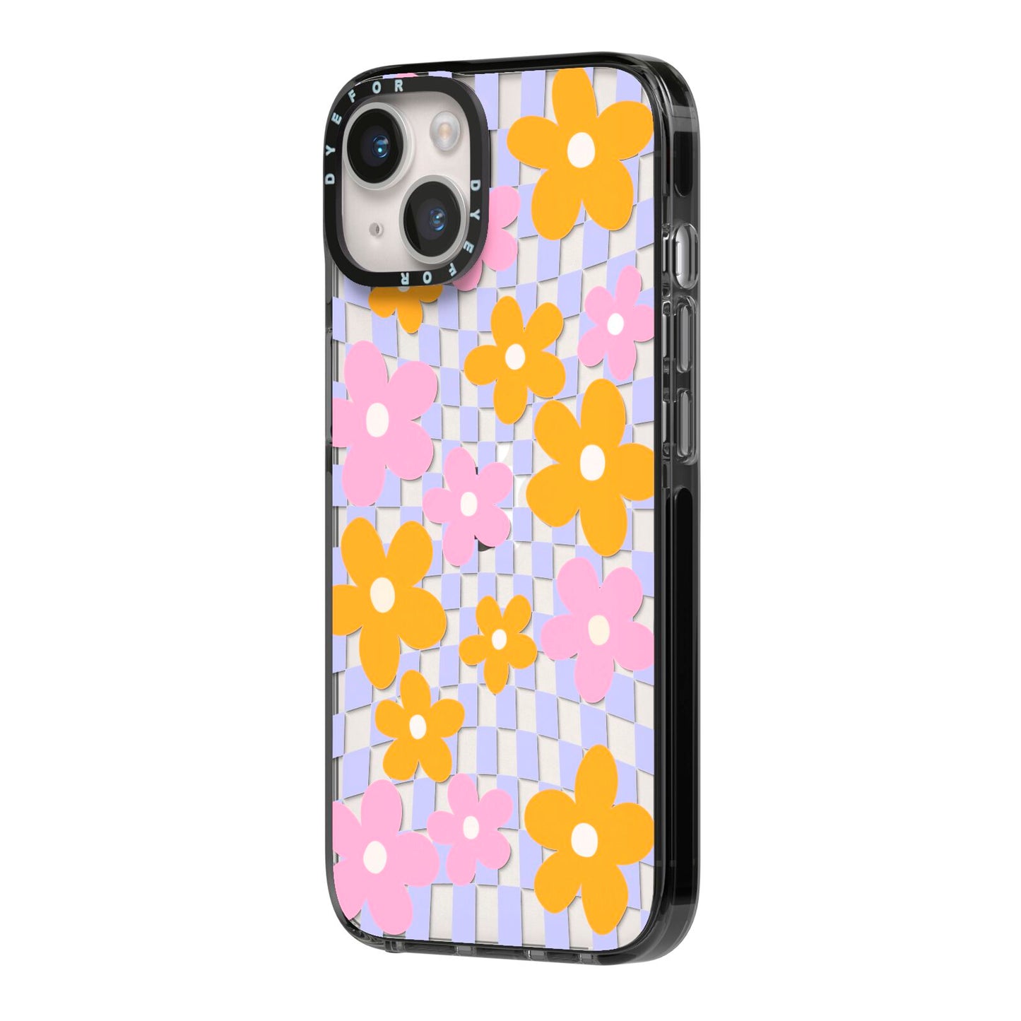 Retro Check Floral iPhone 14 Black Impact Case Side Angle on Silver phone