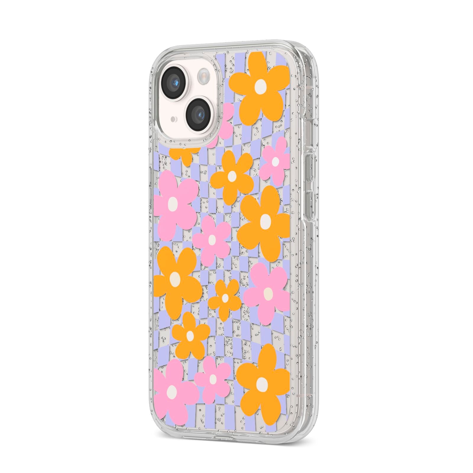 Retro Check Floral iPhone 14 Glitter Tough Case Starlight Angled Image