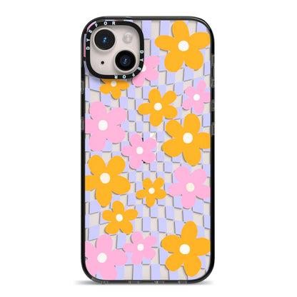 Retro Check Floral iPhone 14 Plus Black Impact Case on Silver phone