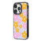 Retro Check Floral iPhone 14 Pro Black Impact Case Side Angle on Silver phone