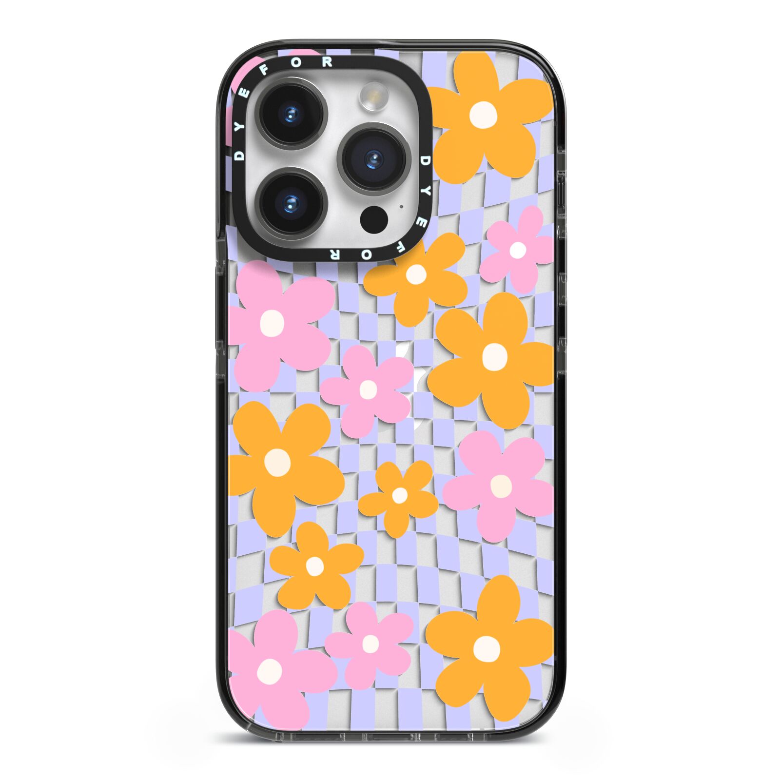 Retro Check Floral iPhone 14 Pro Black Impact Case on Silver phone