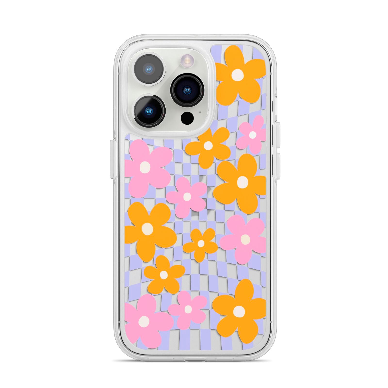 Retro Check Floral iPhone 14 Pro Clear Tough Case Silver