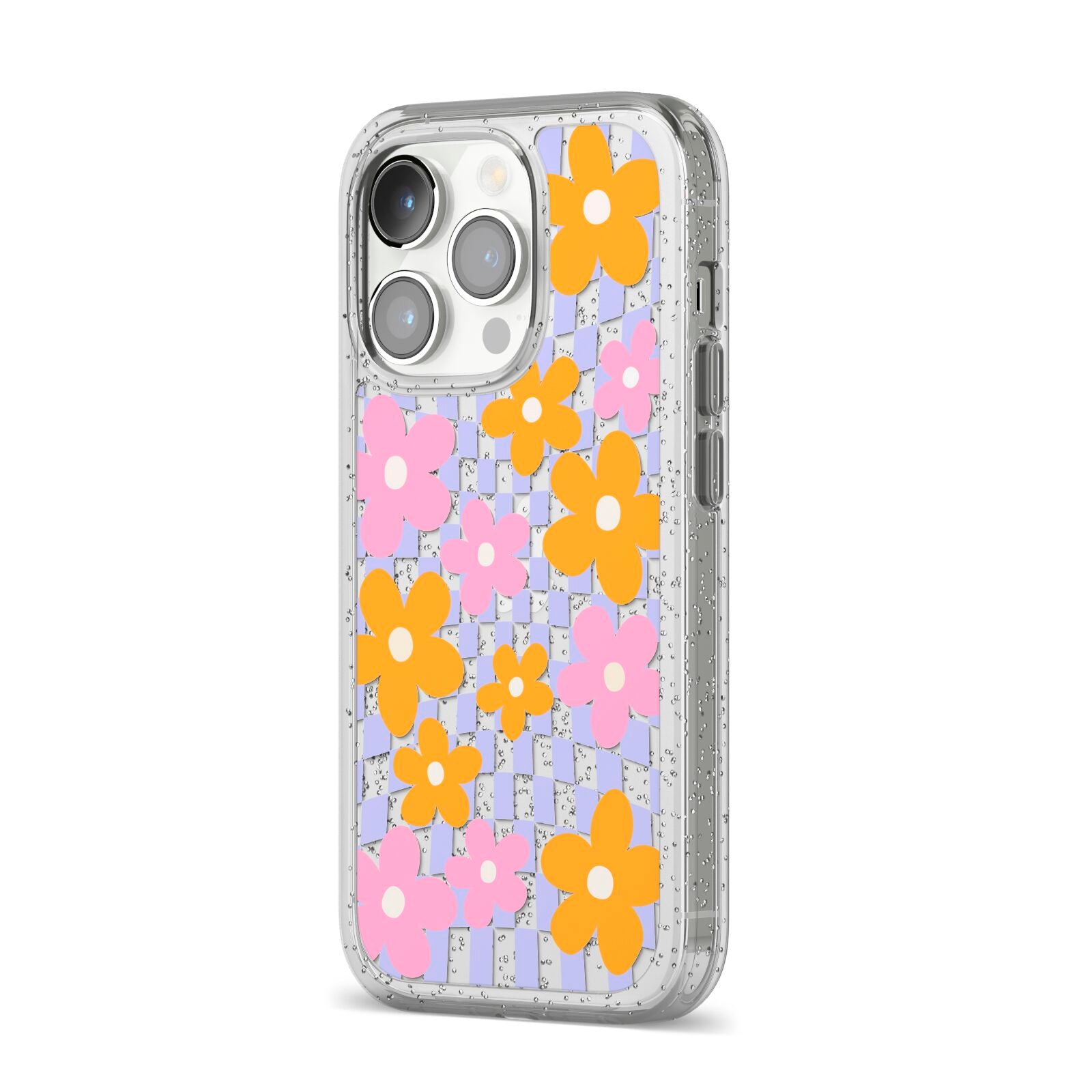 Retro Check Floral iPhone 14 Pro Glitter Tough Case Silver Angled Image