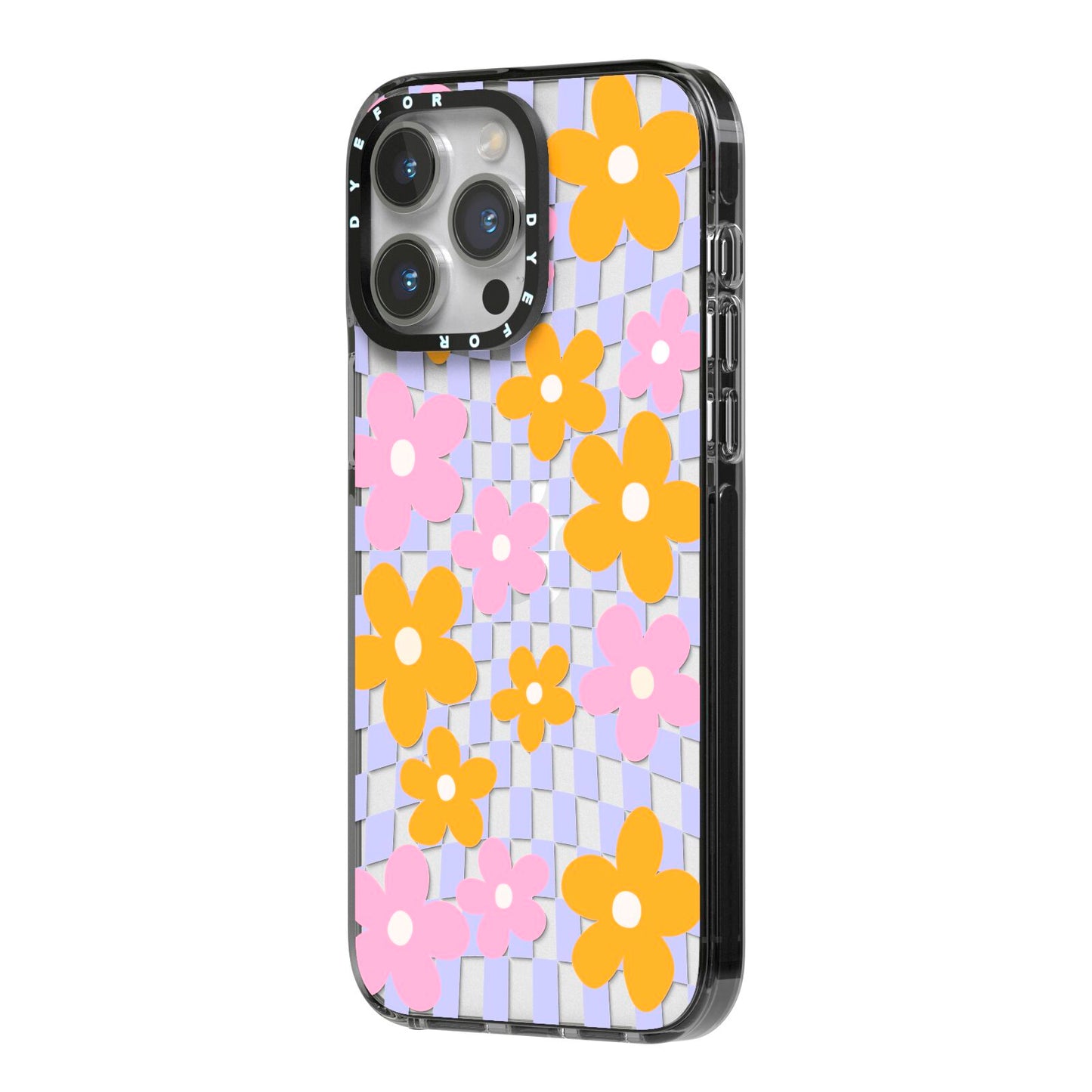 Retro Check Floral iPhone 14 Pro Max Black Impact Case Side Angle on Silver phone