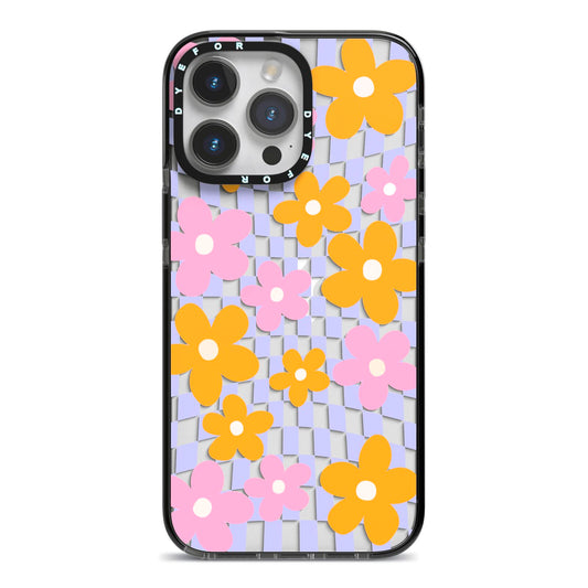 Retro Check Floral iPhone 14 Pro Max Black Impact Case on Silver phone