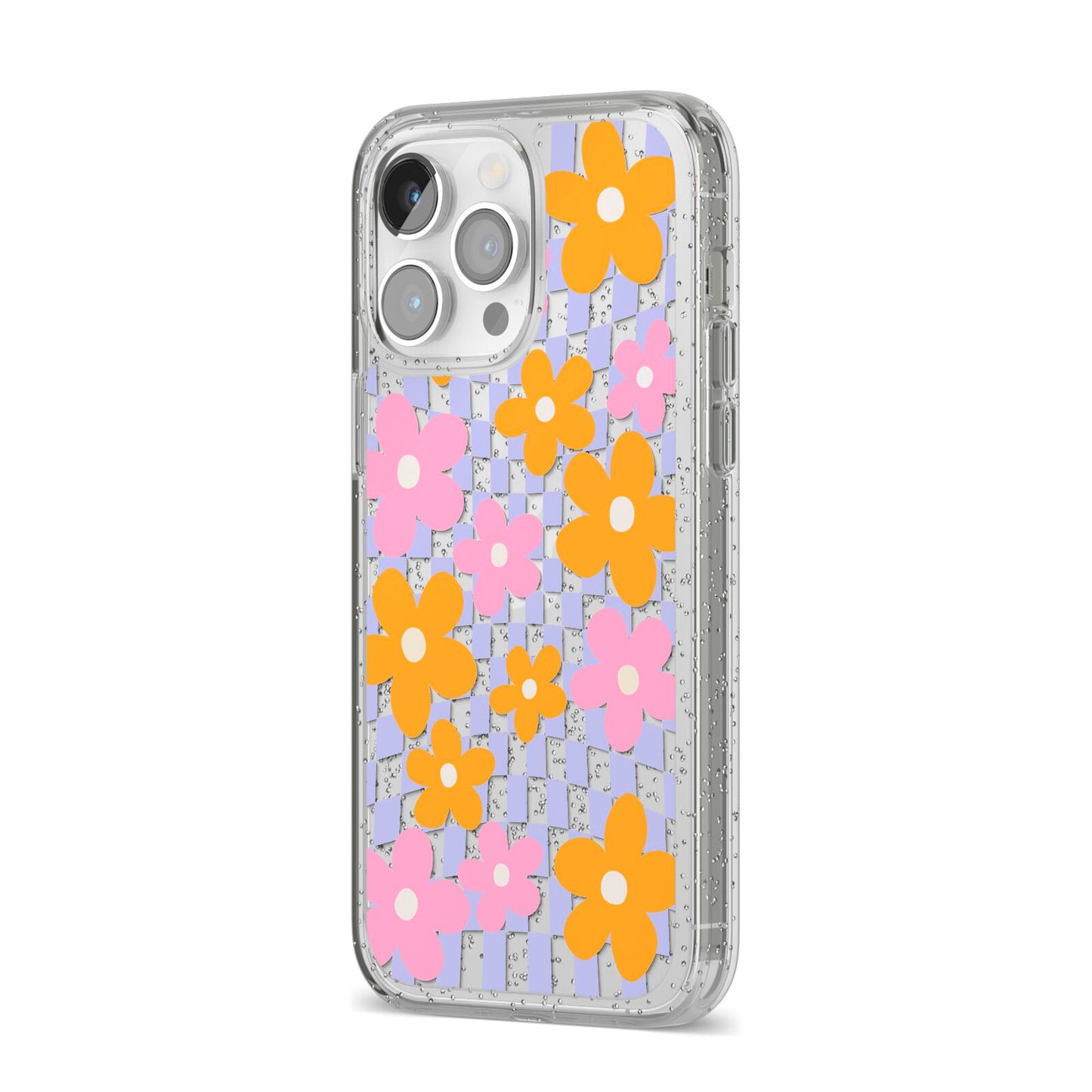 Retro Check Floral iPhone 14 Pro Max Glitter Tough Case Silver Angled Image