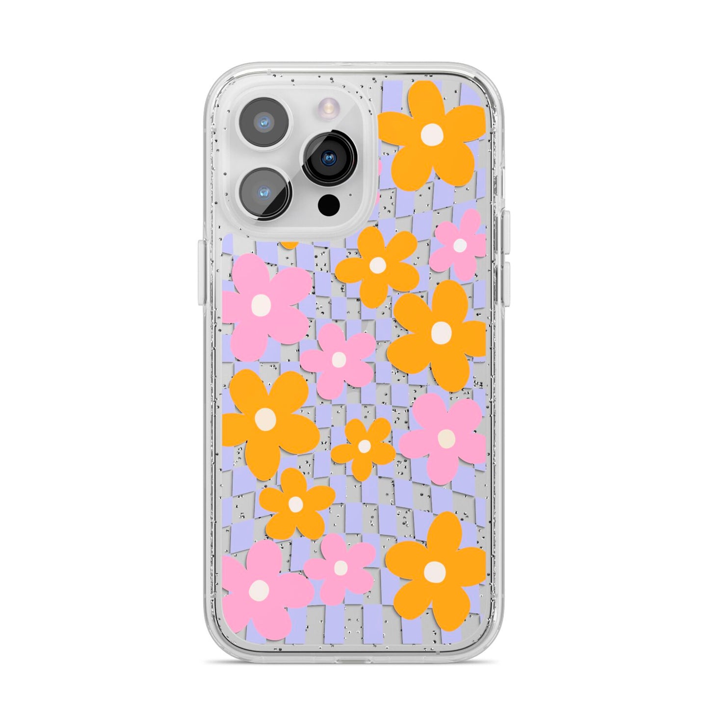 Retro Check Floral iPhone 14 Pro Max Glitter Tough Case Silver