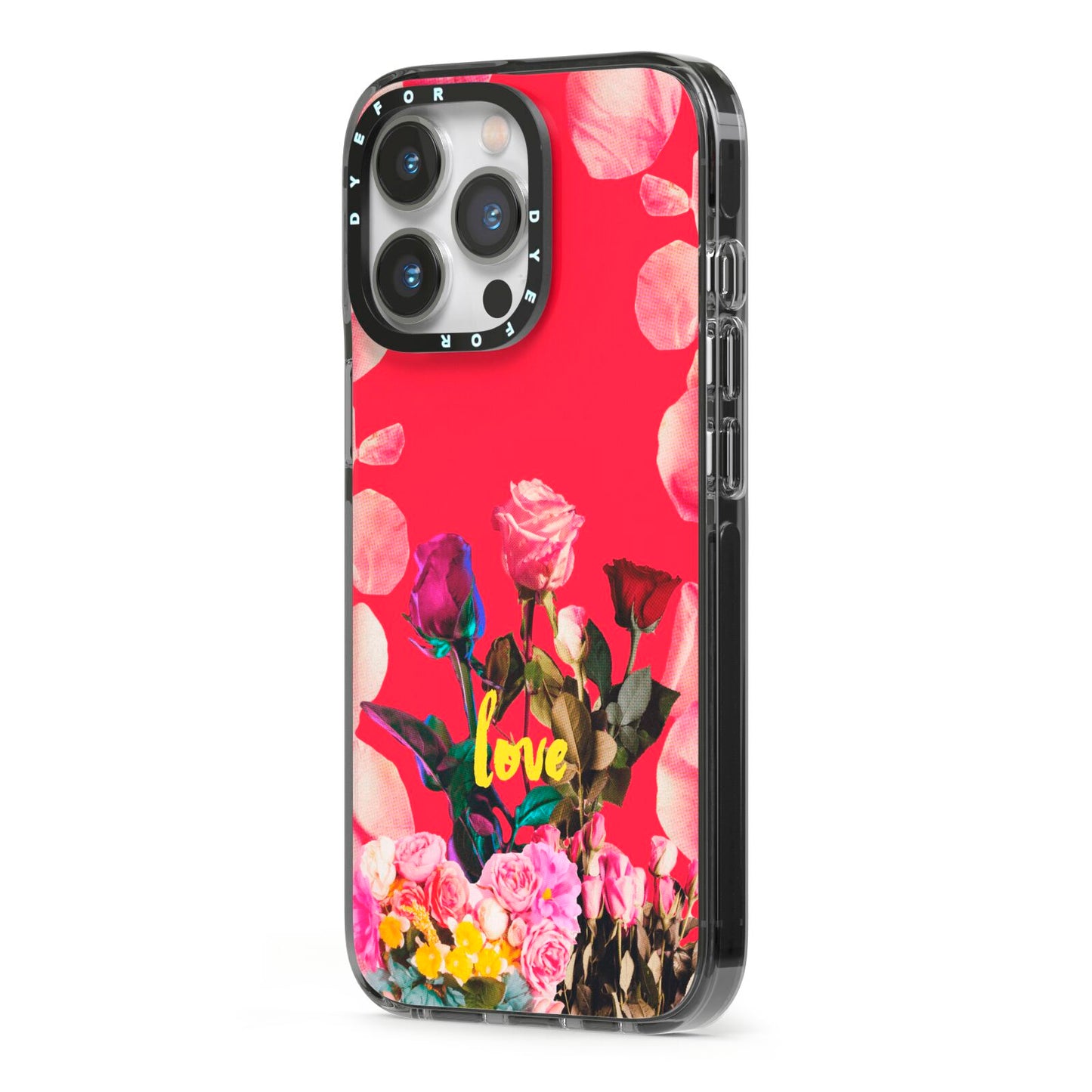 Retro Floral Valentine iPhone 13 Pro Black Impact Case Side Angle on Silver phone