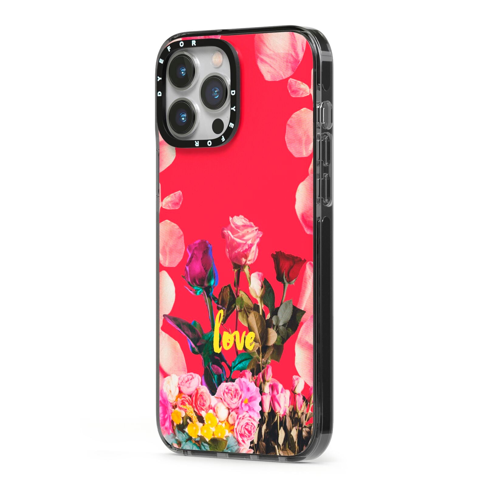 Retro Floral Valentine iPhone 13 Pro Max Black Impact Case Side Angle on Silver phone