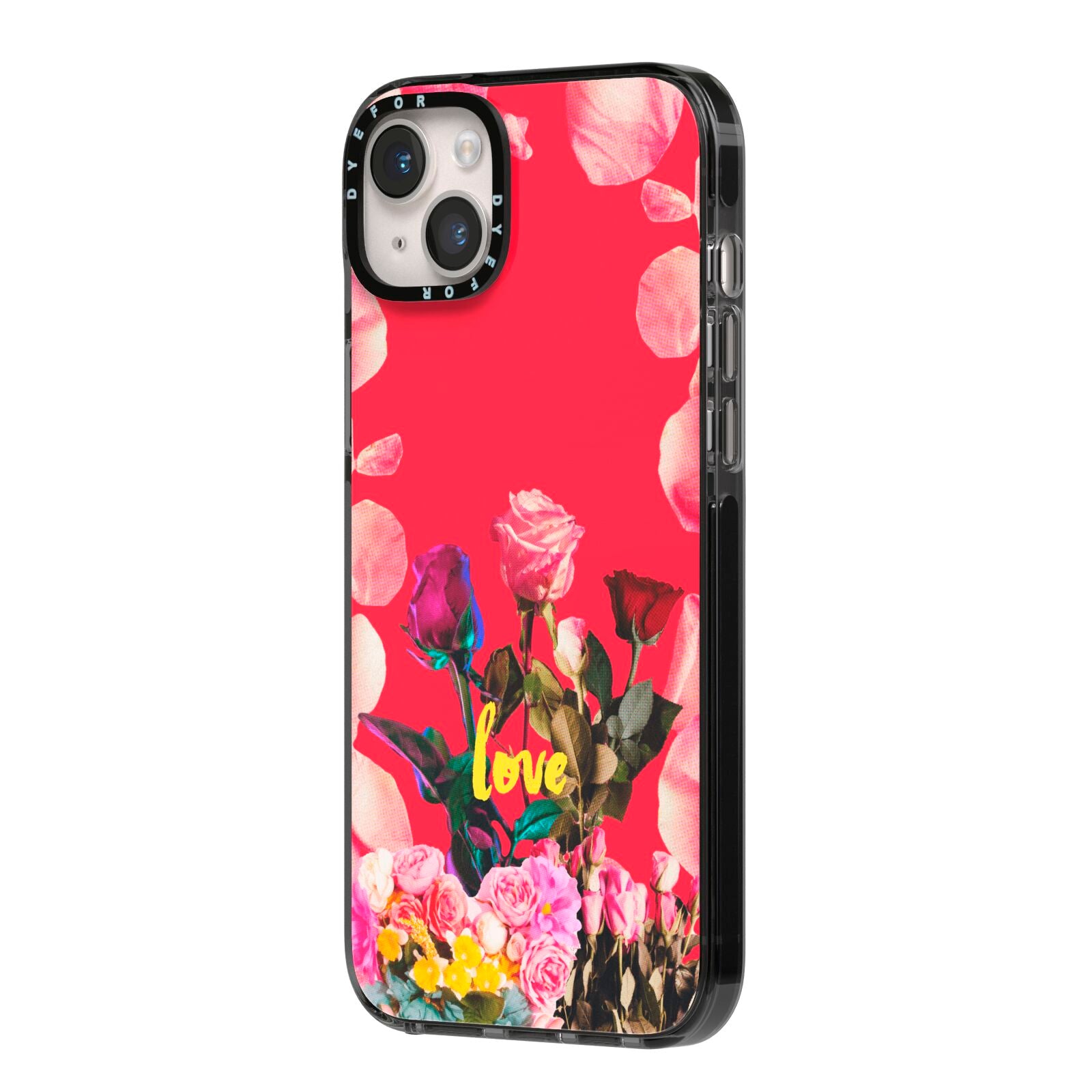 Retro Floral Valentine iPhone 14 Plus Black Impact Case Side Angle on Silver phone