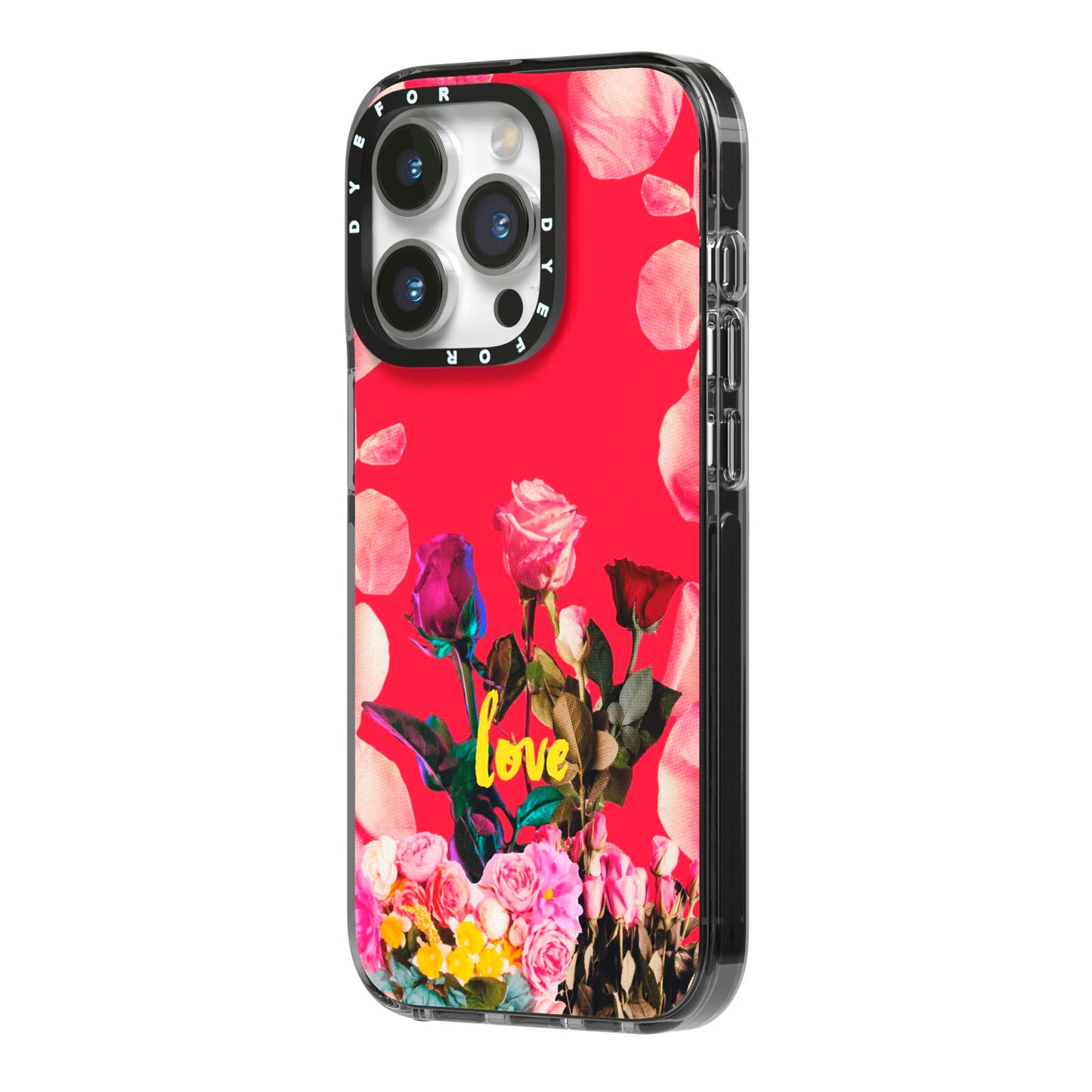 Retro Floral Valentine iPhone 14 Pro Black Impact Case Side Angle on Silver phone