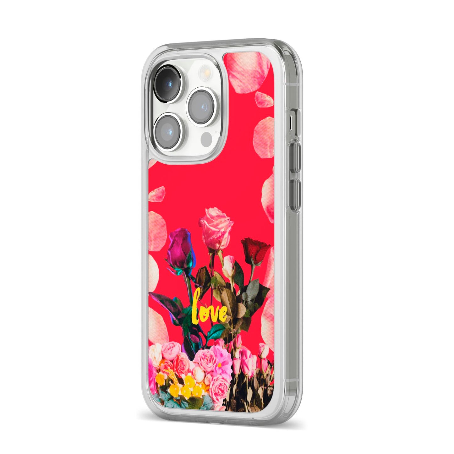 Retro Floral Valentine iPhone 14 Pro Clear Tough Case Silver Angled Image