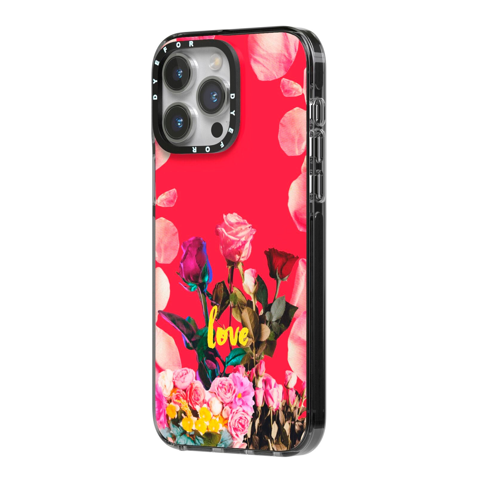 Retro Floral Valentine iPhone 14 Pro Max Black Impact Case Side Angle on Silver phone