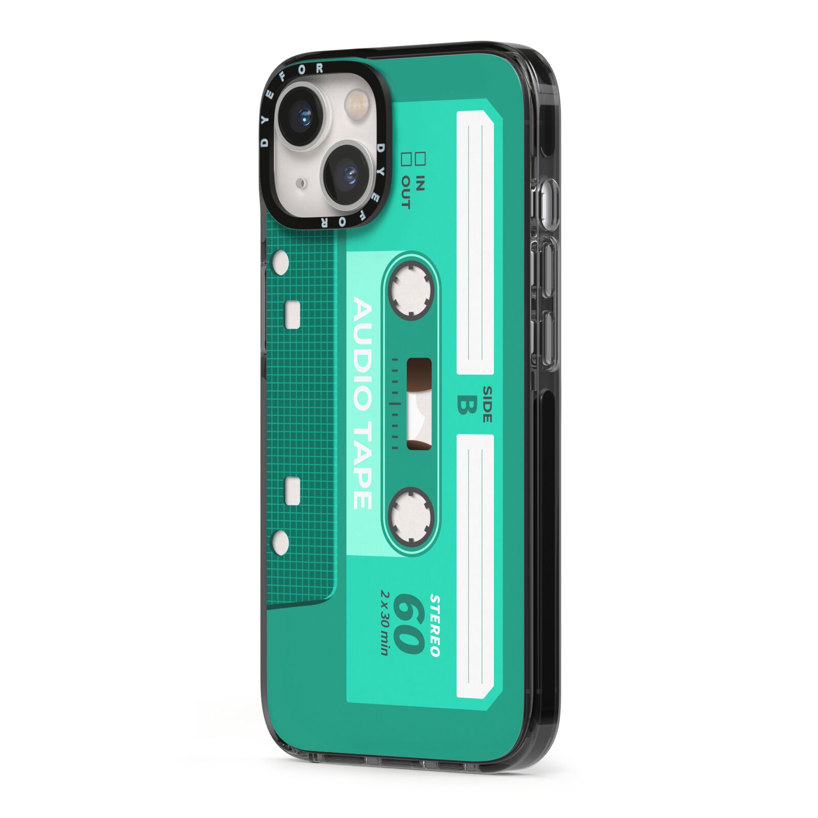 Retro Green Tape iPhone 13 Black Impact Case Side Angle on Silver phone