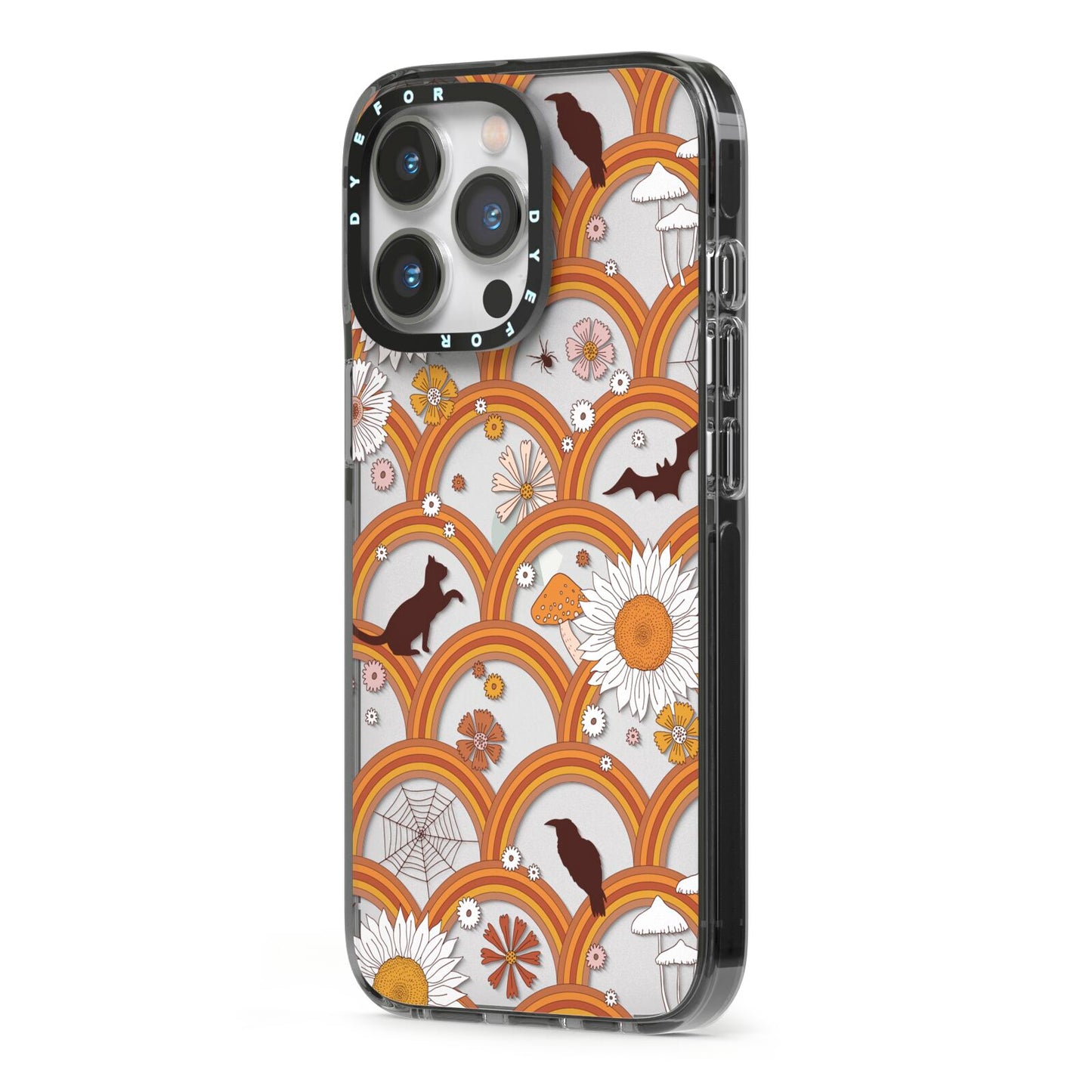 Retro Halloween iPhone 13 Pro Black Impact Case Side Angle on Silver phone